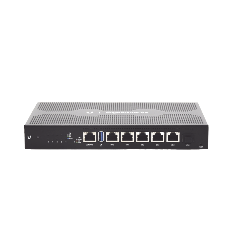 EdgeRouter 6 PoE pasivo 24 V con 5 Ptos 10/100/1000 Mbps + 1 puerto SFP con funciones avanzadas de ruteo