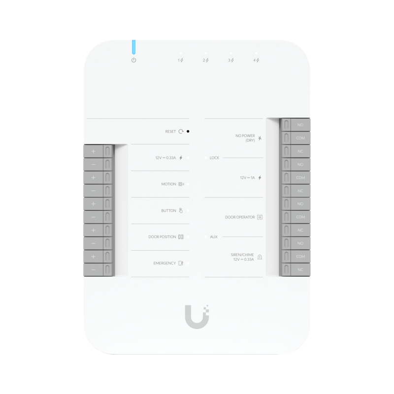 UniFi Access Hub Door puede conectar 2 lectores y 2 camaras no incluidos controlar solo una puerta / 2 terminales AUX y 4 entrad