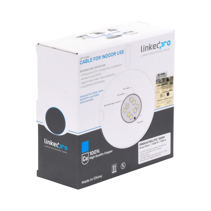 Bobina de Cable de 100 Metros (328.08 Pies, Cat5e, 24 AWG,  Gris, UL, para Aplicaciones en Videovigilancia, Redes de Datos. Uso 