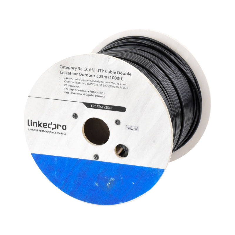 Bobina de Cable de 305 Metros (1000 Pies Cat5e, Aleacion de Cobre y Aluminio (CCA,  Negro, Uso Intemperie, Doble Forro