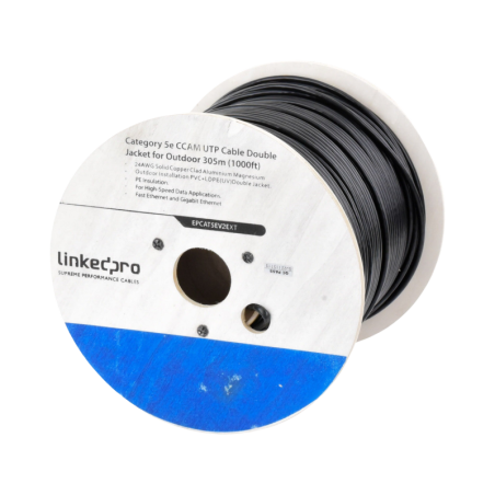 Bobina de Cable de 305 Metros (1000 Pies Cat5e, Aleacion de Cobre y Aluminio (CCA,  Negro, Uso Intemperie, Doble Forro