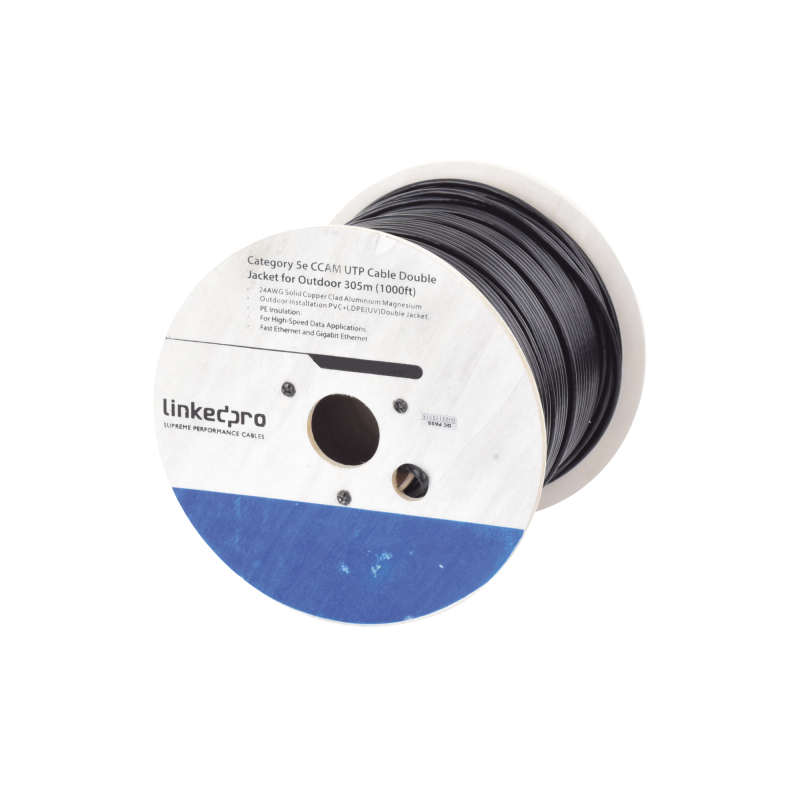 Bobina de Cable de 305 Metros (1000 Pies Cat6, Aleacion de Cobre y Aluminio (CCA,  Negro, Uso Intemperie, Doble Forro