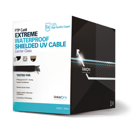 Bobina de Cable de 305 Metros (1000 Pies Cat6+ Calibre 23 Exterior Blindado Tipo FTP para Climas Extremos, UL,  Negro