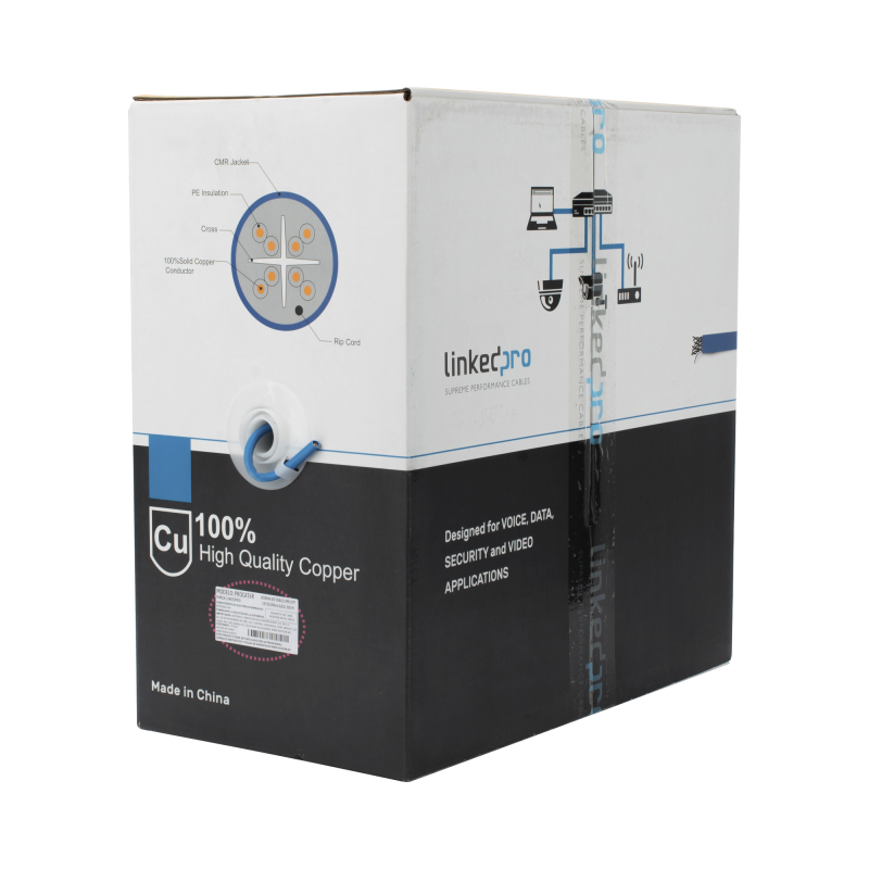 Bobina de Cable de 305 Metros (1000 Pies Cat6+, CMR, Calibre 23 Alto Rendimiento, ETL, UL,  Azul, Super Flexible, para Aplicacio