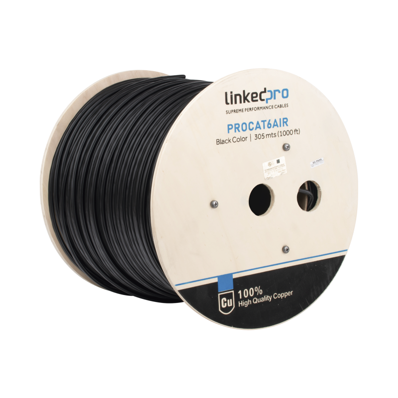 Bobina de Cable FTP con Mensajero de Acero de 305 Metros (1000 Pies Cat6+ Calibre 23,  Negro, para Aplicaciones en Video Vigilan