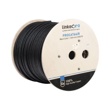 Bobina de Cable FTP con Mensajero de Acero de 305 Metros (1000 Pies Cat6+ Calibre 23,  Negro, para Aplicaciones en Video Vigilan